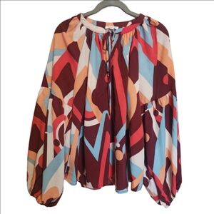 AUGUST SKY FLOWY STATEMENT SLEEVE GEOMETRIC BOHO BLOUSE TOP SIZE LARGE LIKE NEW!
